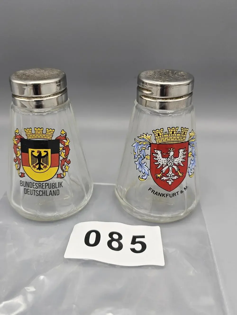 Vintage German Glass Salt and Pepper Shakers with Metal Tops